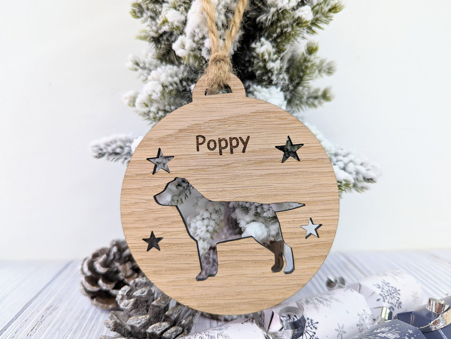 Personalised Labrador Christmas Bauble in Oak Veneer MDF - Rustic Jute String - Stars or Hearts Cut-Out - Labrador Gift