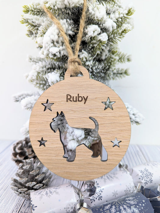 Personalised Schnauser Christmas Bauble in Oak Veneer MDF - Rustic Jute String - Stars or Hearts Cut-Out - Schnauser Gift