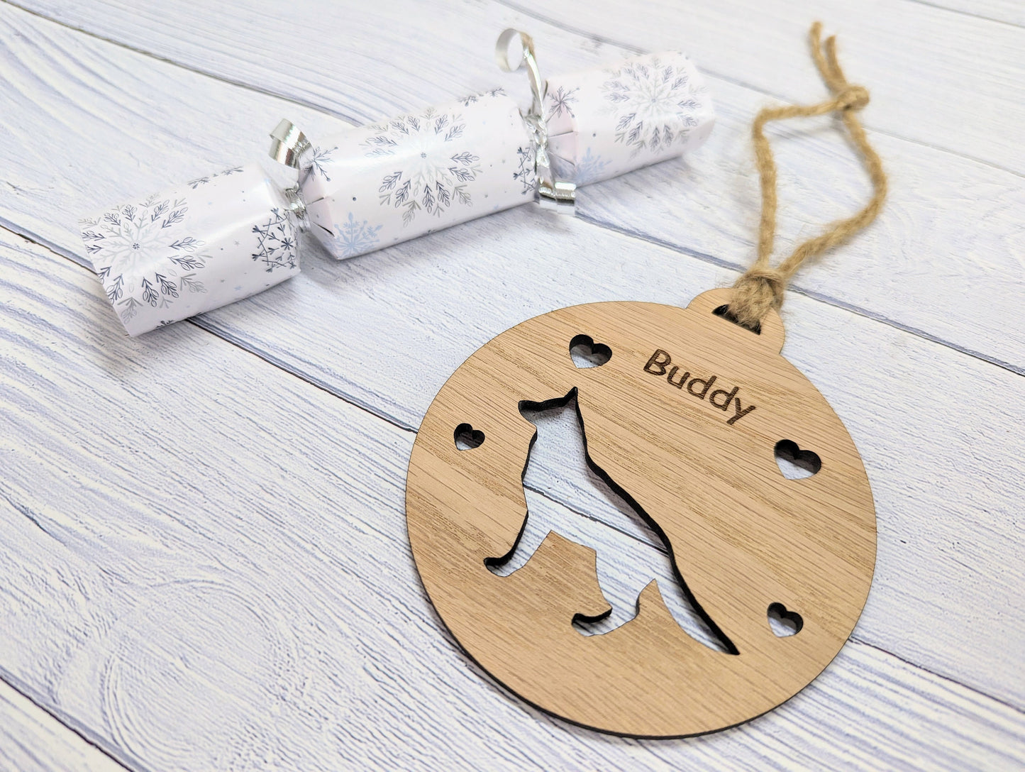 Personalised German Shepherd Christmas Bauble in Oak Veneer MDF - Rustic Jute String - Stars or Hearts Cut-Out - German Shepherd Gift