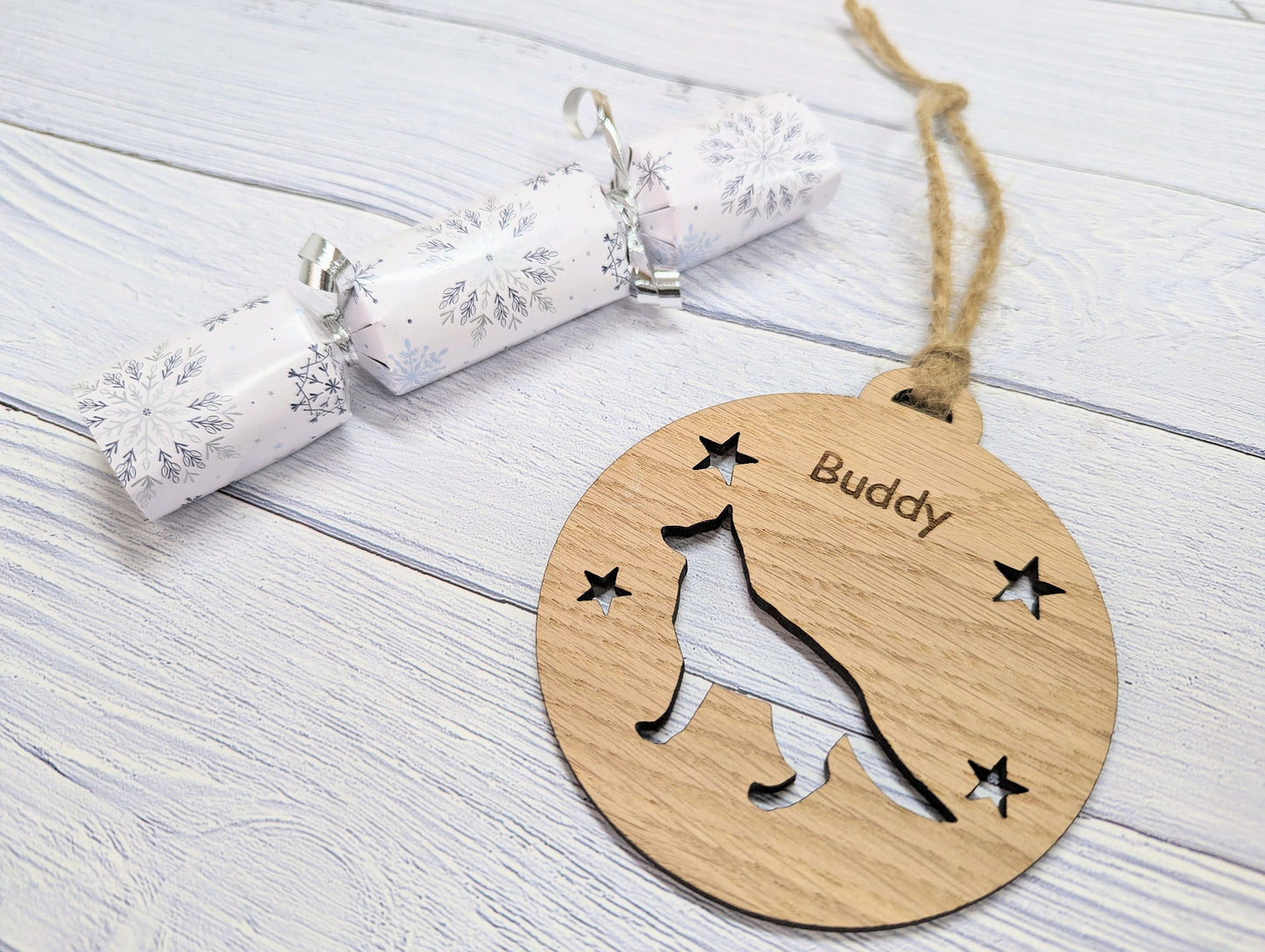 Personalised German Shepherd Christmas Bauble in Oak Veneer MDF - Rustic Jute String - Stars or Hearts Cut-Out - German Shepherd Gift