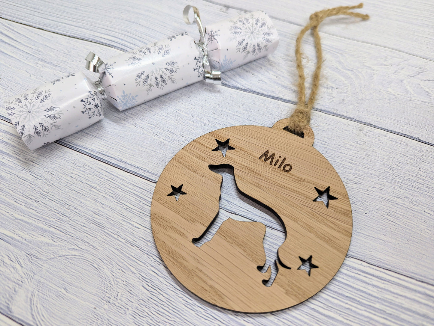 Personalised Whippet Christmas Bauble in Oak Veneer MDF - Rustic Jute String - Stars or Hearts Cut-Out - Whippet Gift