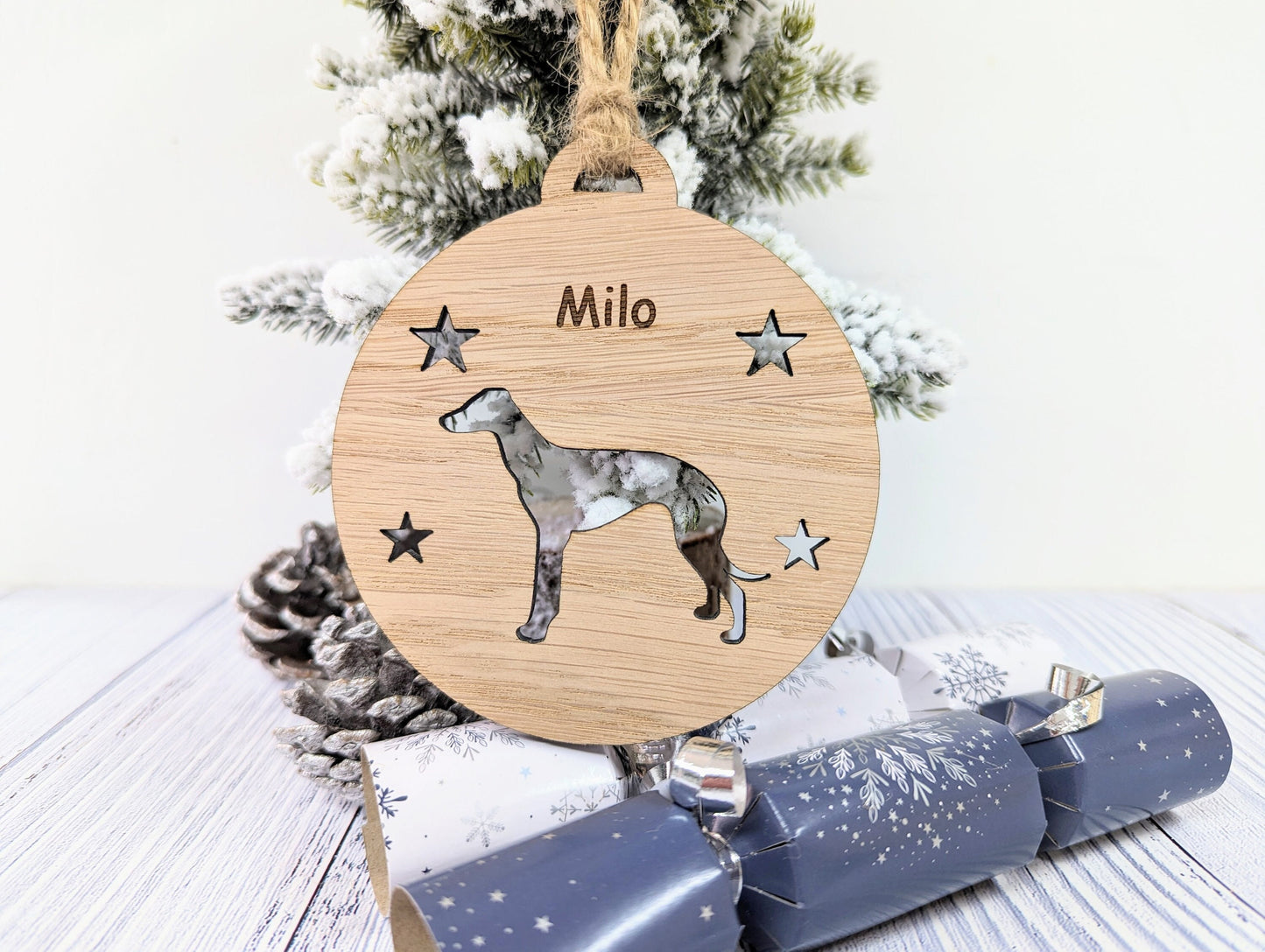 Personalised Whippet Christmas Bauble in Oak Veneer MDF - Rustic Jute String - Stars or Hearts Cut-Out - Whippet Gift