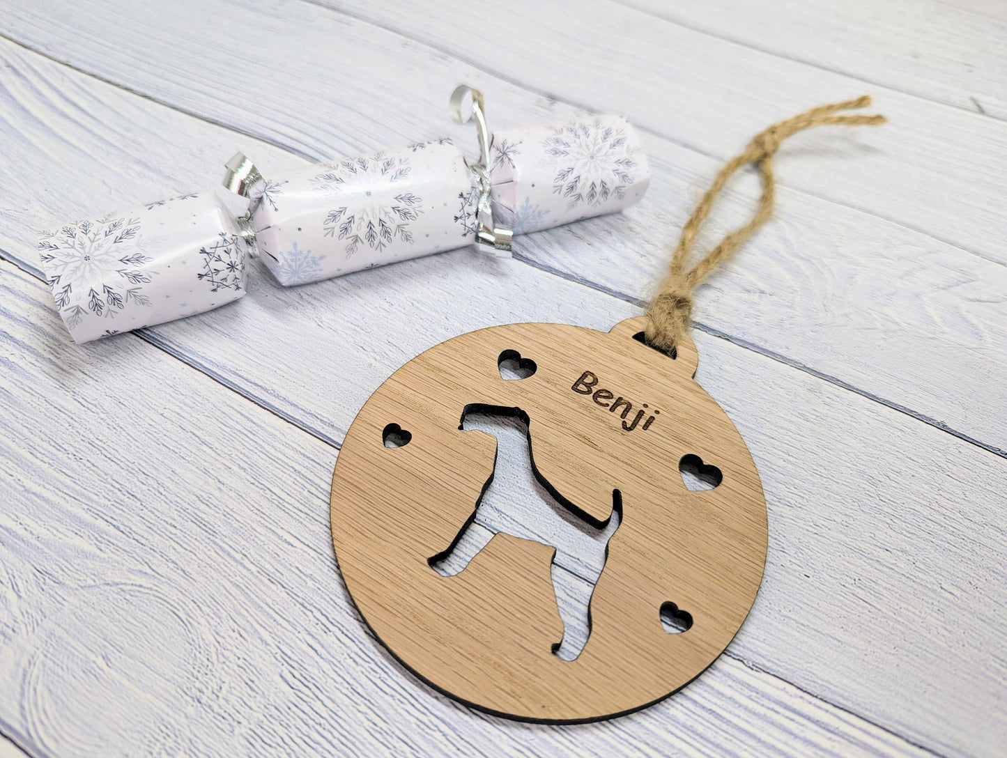 Personalised Airedale Terrier Christmas Bauble in Oak Veneer MDF - Rustic Jute String - Stars or Hearts Cut-Out - Airedale Terrier Gift