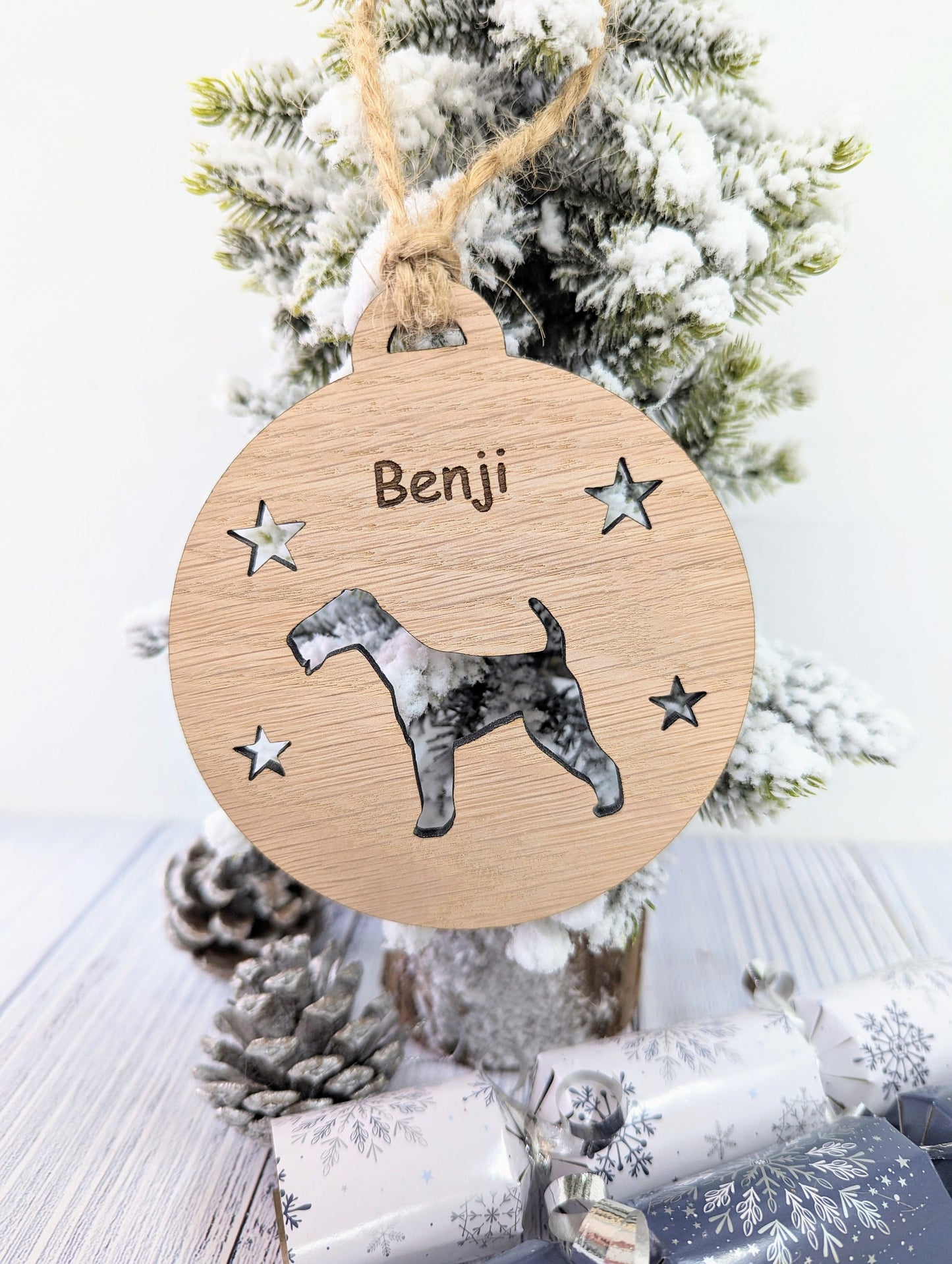 Personalised Airedale Terrier Christmas Bauble in Oak Veneer MDF - Rustic Jute String - Stars or Hearts Cut-Out - Airedale Terrier Gift