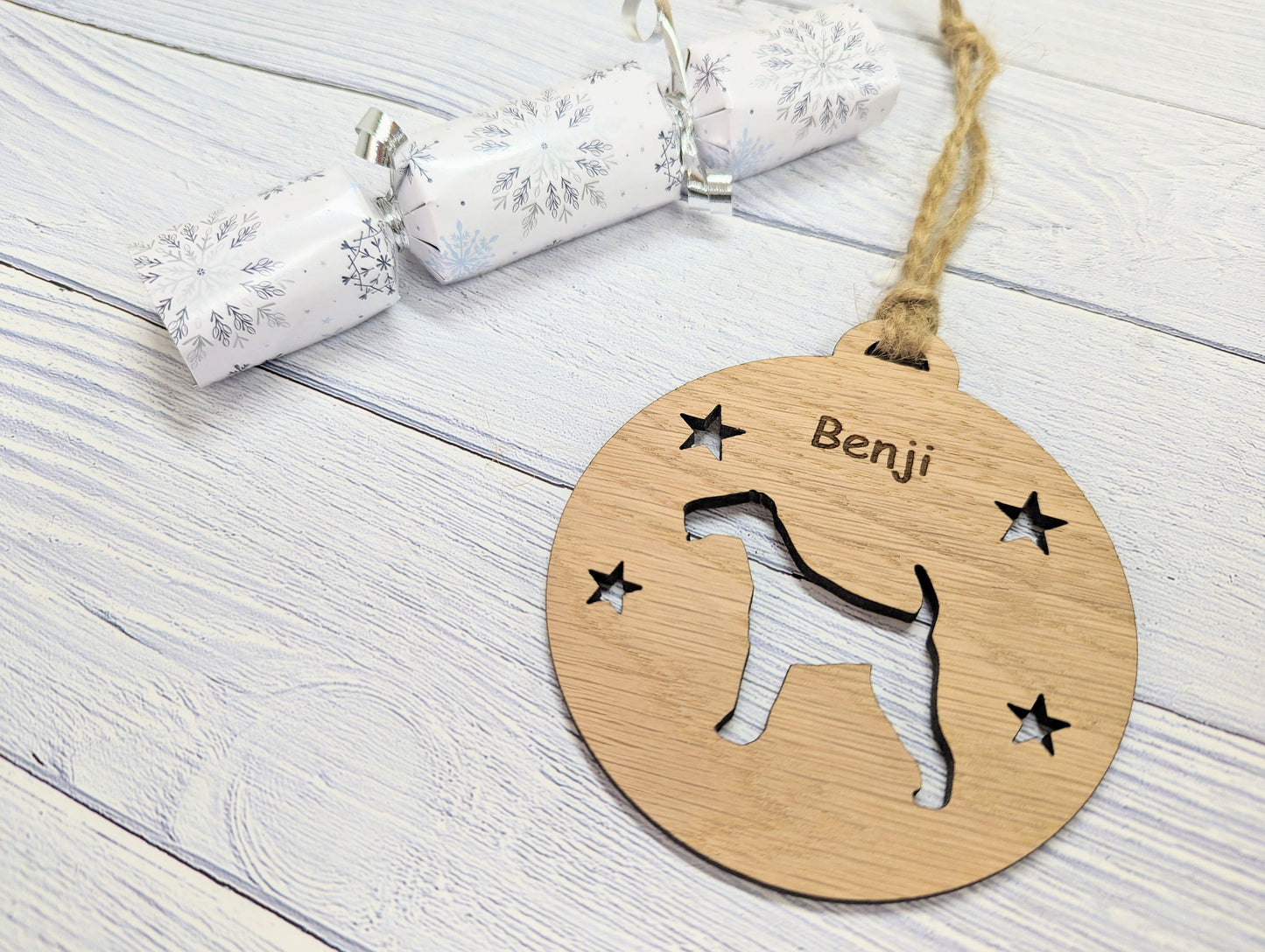 Personalised Airedale Terrier Christmas Bauble in Oak Veneer MDF - Rustic Jute String - Stars or Hearts Cut-Out - Airedale Terrier Gift