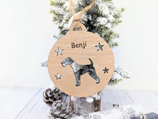 Personalised Airedale Terrier Christmas Bauble in Oak Veneer MDF - Rustic Jute String - Stars or Hearts Cut-Out - Airedale Terrier Gift