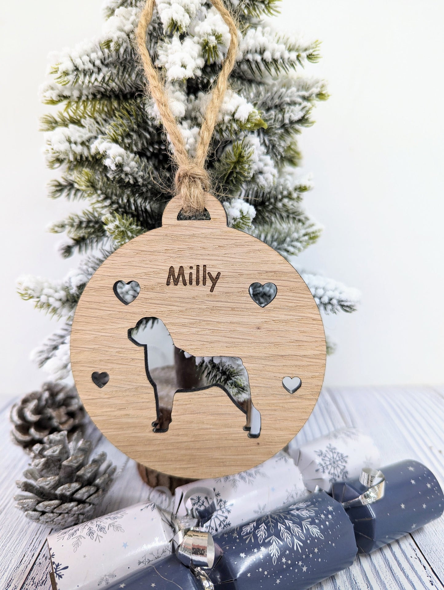 Personalised Rottweiler Christmas Bauble in Oak Veneer MDF - Rustic Jute String - Stars or Hearts Cut-Out - Rottweiler Gift