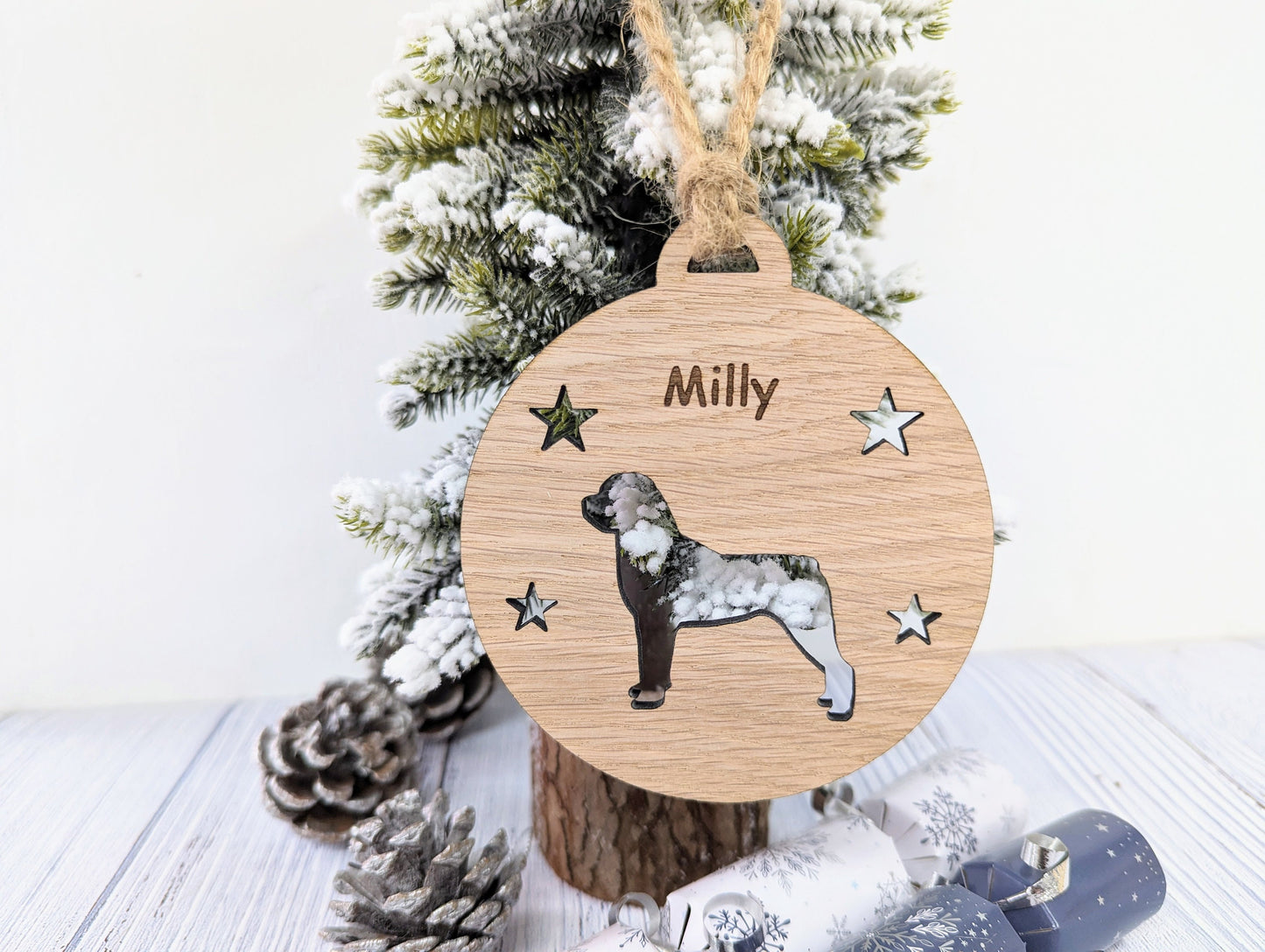 Personalised Rottweiler Christmas Bauble in Oak Veneer MDF - Rustic Jute String - Stars or Hearts Cut-Out - Rottweiler Gift