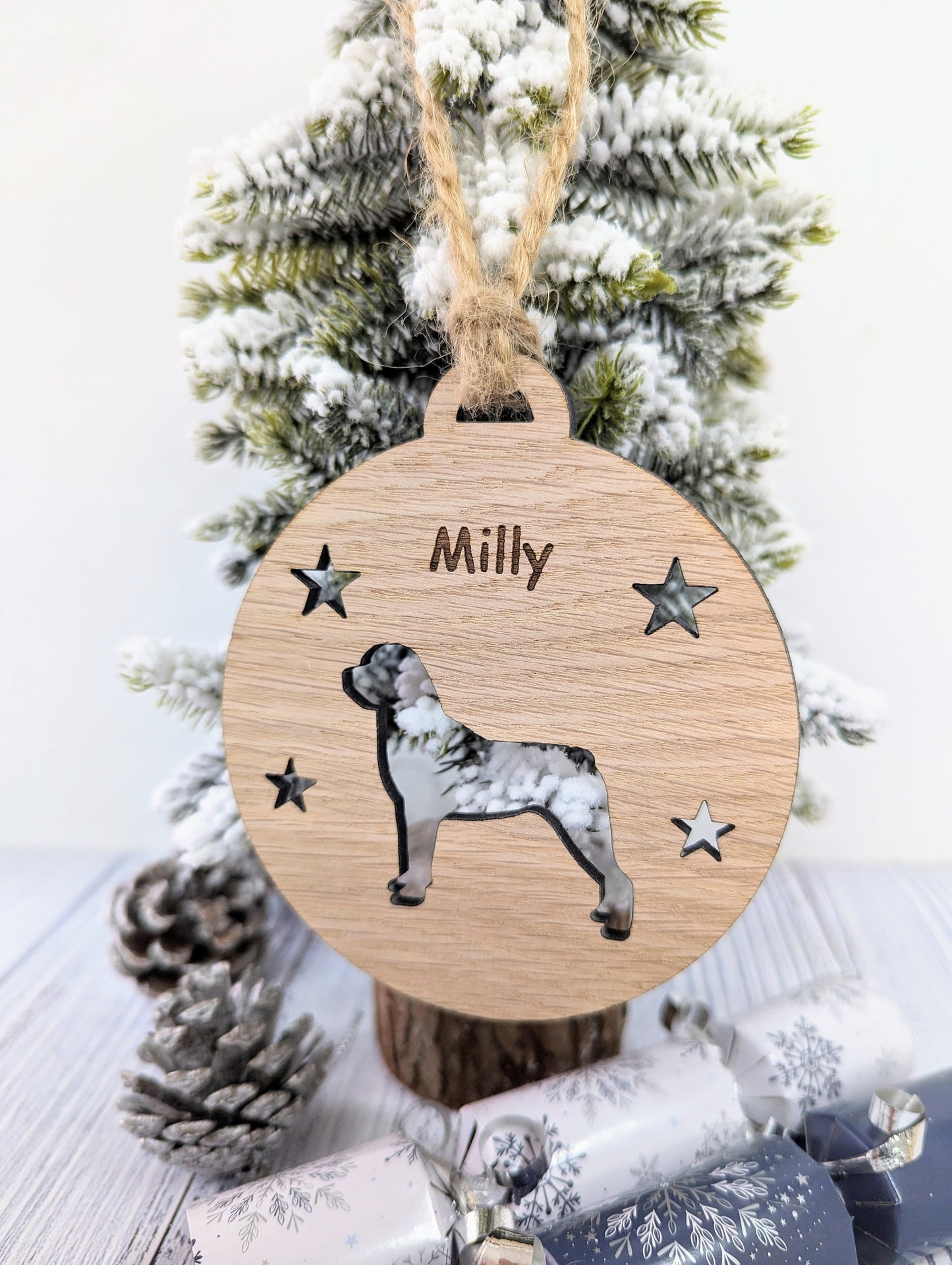 Personalised Rottweiler Christmas Bauble in Oak Veneer MDF - Rustic Jute String - Stars or Hearts Cut-Out - Rottweiler Gift