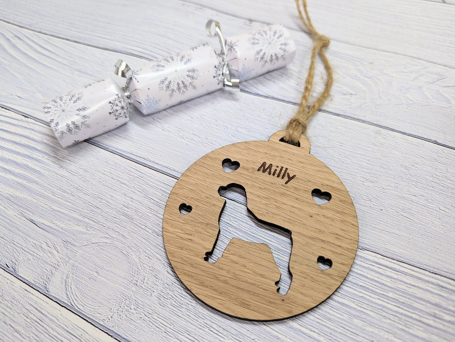 Personalised Rottweiler Christmas Bauble in Oak Veneer MDF - Rustic Jute String - Stars or Hearts Cut-Out - Rottweiler Gift