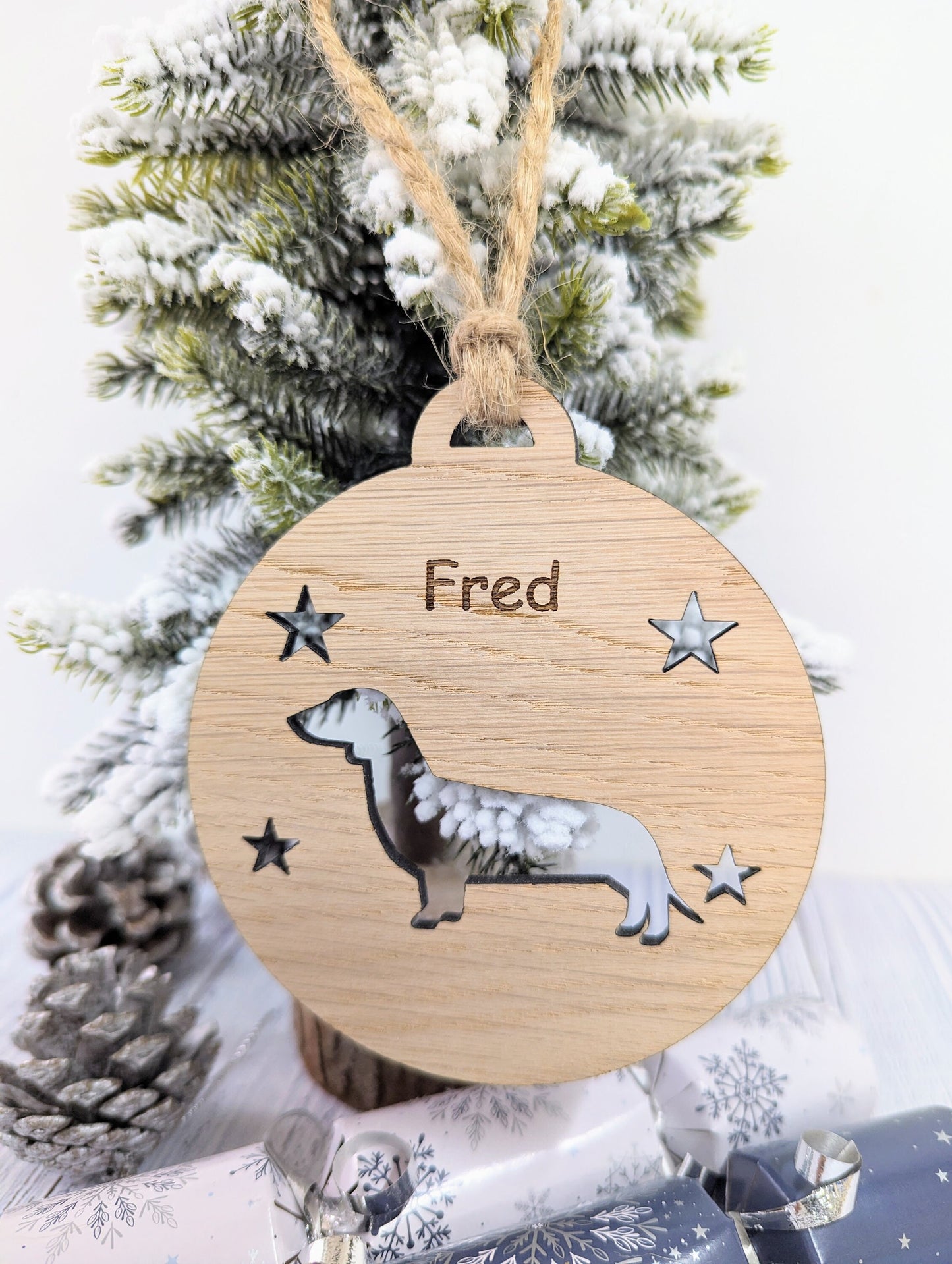 Personalised Dachshund Christmas Bauble in Oak Veneer MDF - Rustic Jute String - Stars or Hearts Cut-Out - Dachshund Gift