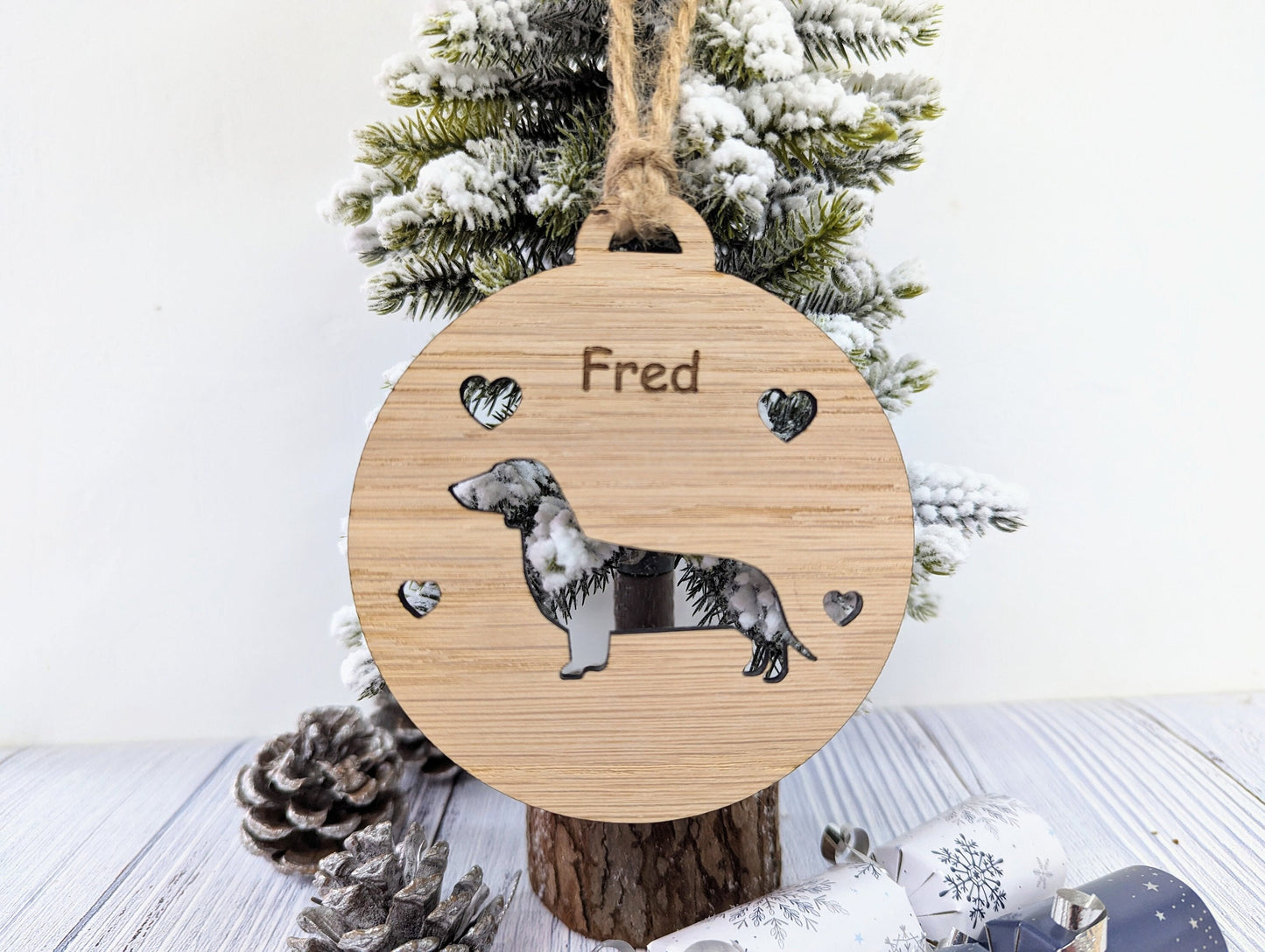 Personalised Dachshund Christmas Bauble in Oak Veneer MDF - Rustic Jute String - Stars or Hearts Cut-Out - Dachshund Gift