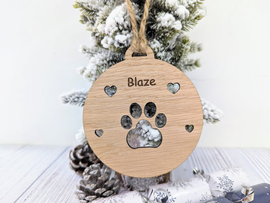 Personalised Paw Print Christmas Bauble in Oak Veneer MDF - Rustic Jute String - Stars or Hearts Cut-Out - Paw Print Gift