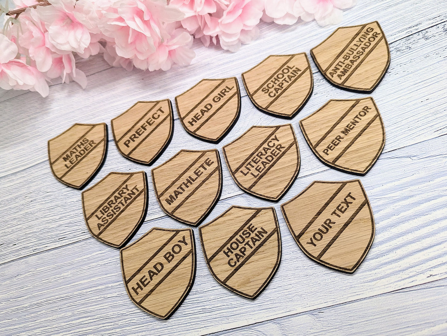 School Achievement Badges - 55x65mm - Oak Veneered MDF - Pin or Pin & Clip - Personalised or Pre-Designed Options for Students