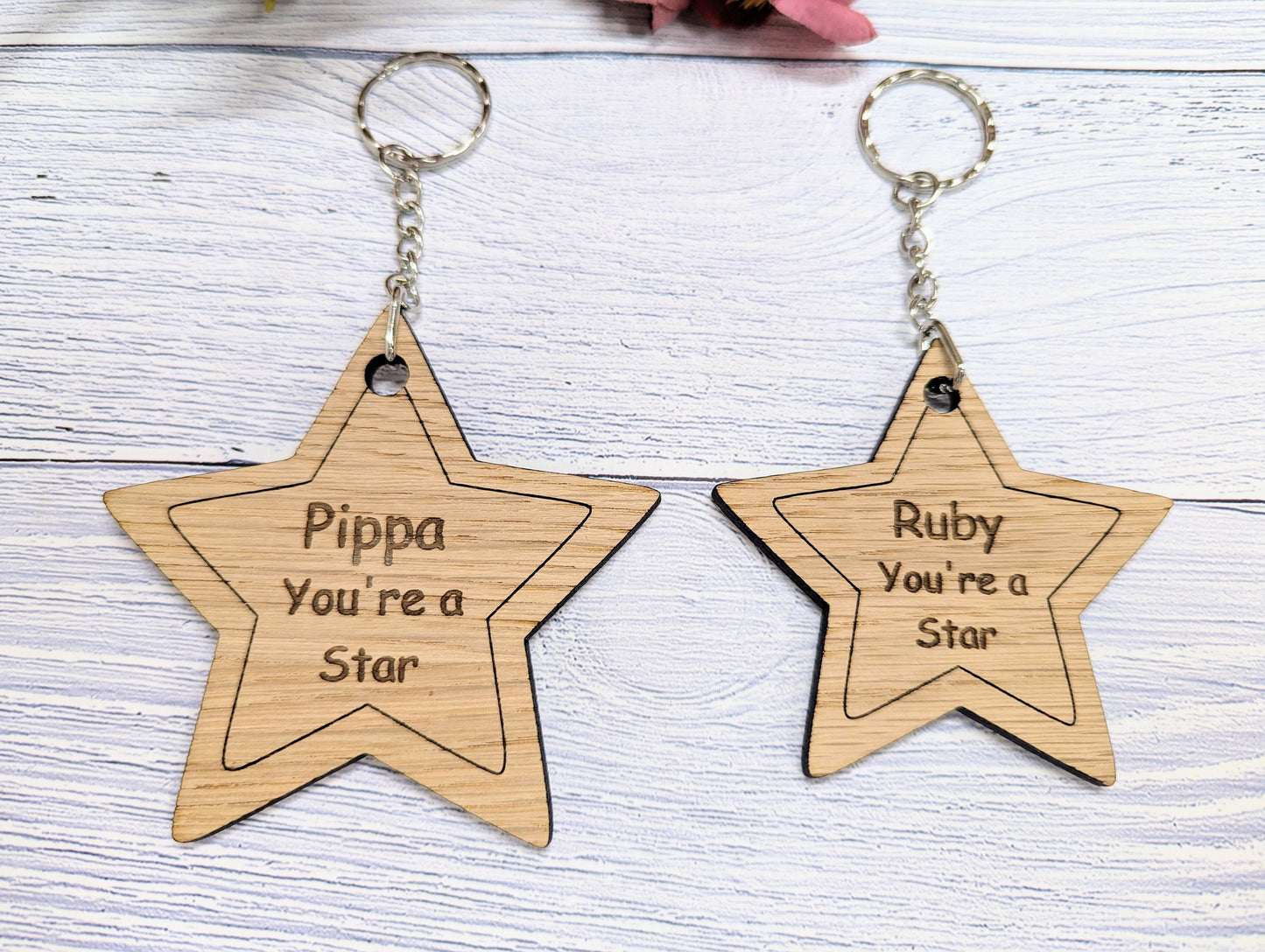 Personalised 'You're a Star' Wooden Keyring in Two Sizes - Oak Veneer - Custom Name Engraved - Ideal Gift for Students from Teachers