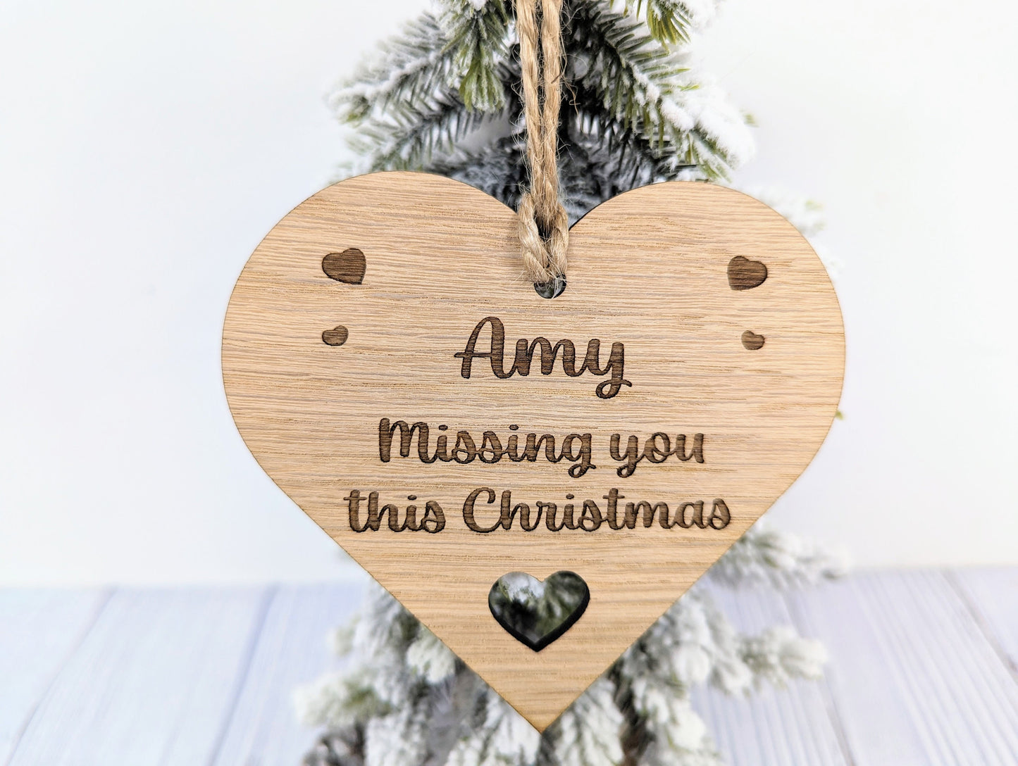 Personalised Oak Veneer Christmas Bauble with Custom Message and Rustic Jute String - Engraved Hearts