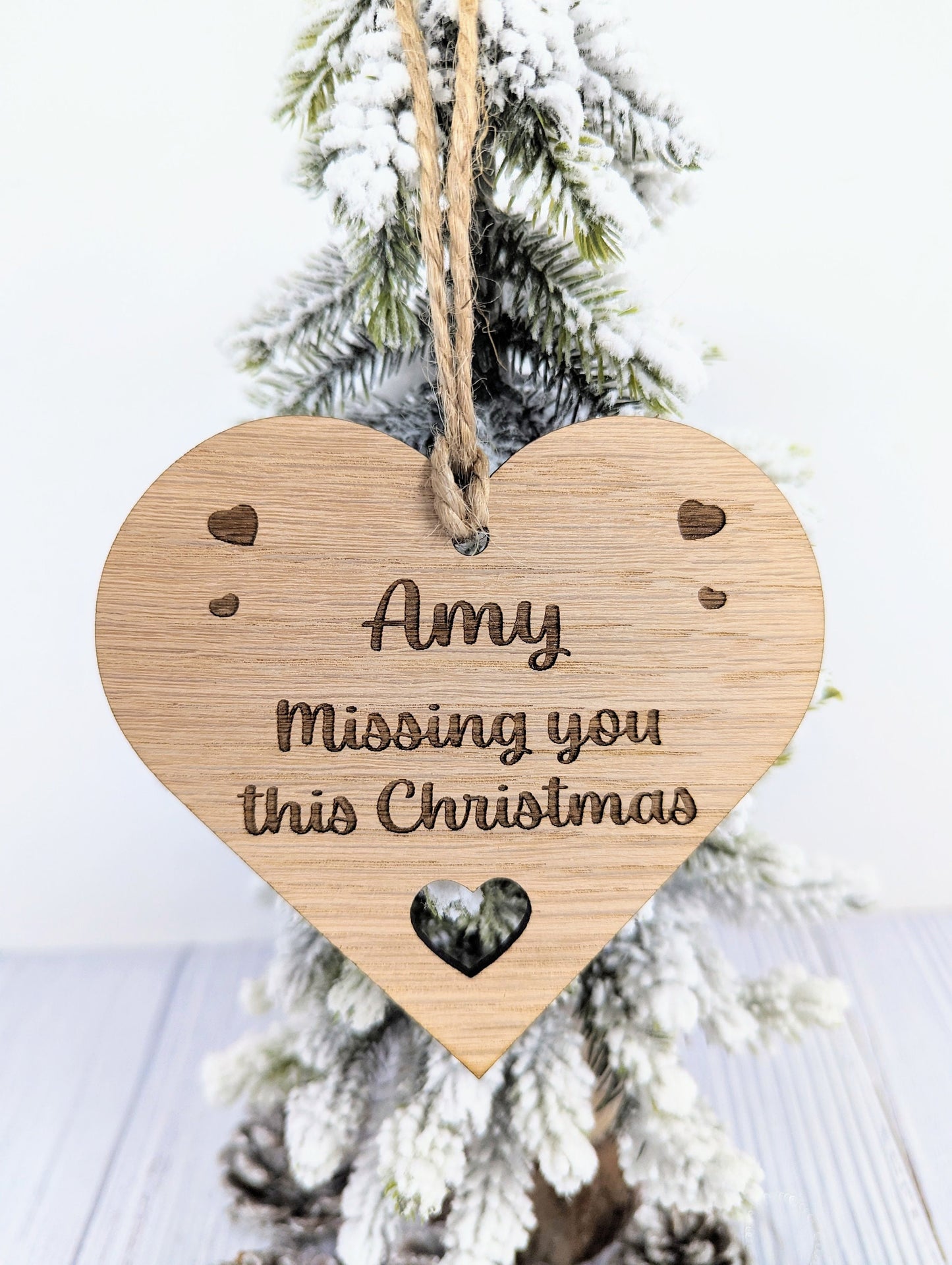 Personalised Oak Veneer Christmas Bauble with Custom Message and Rustic Jute String - Engraved Hearts