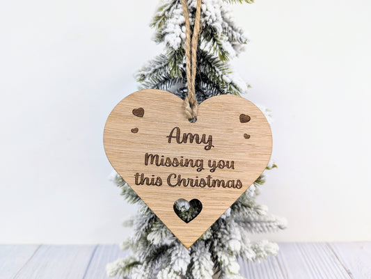 Personalised Oak Veneer Christmas Bauble with Custom Message and Rustic Jute String - Engraved Hearts