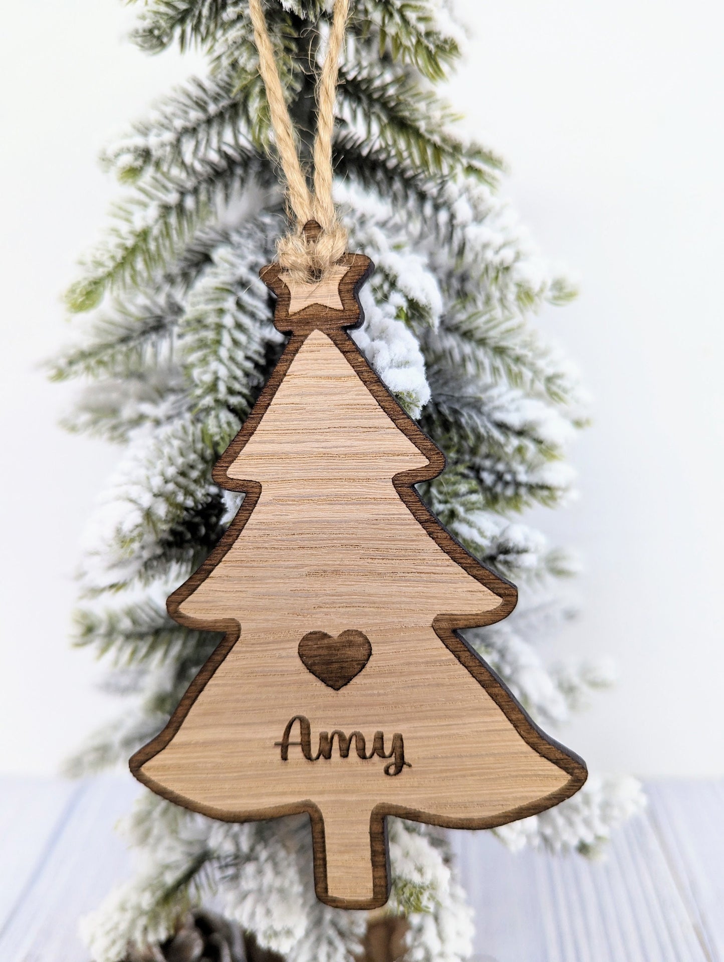 Personalised Christmas Tree-Shaped Bauble with Engraved Heart and Star - Oak Veneer