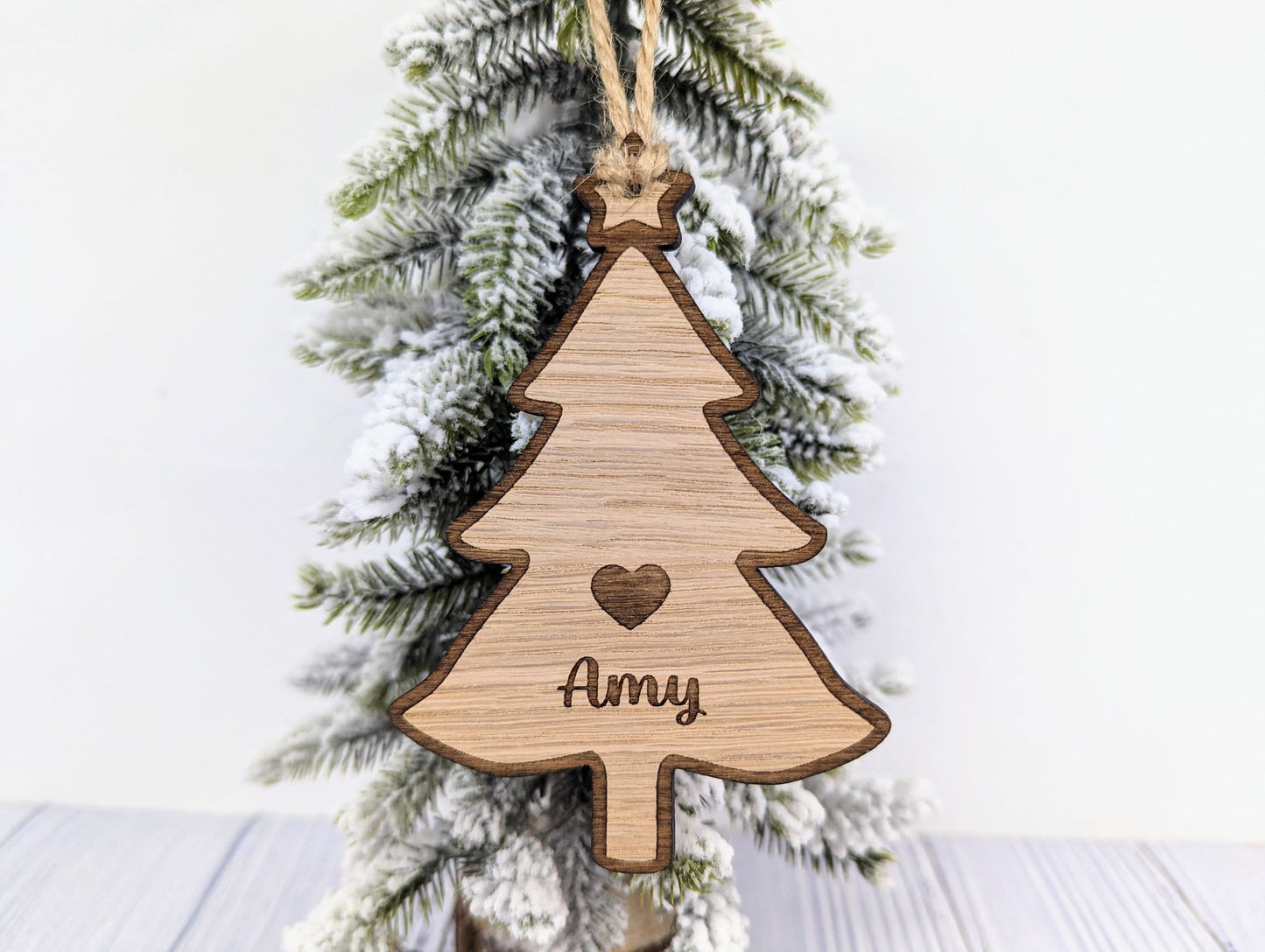 Personalised Christmas Tree-Shaped Bauble with Engraved Heart and Star - Oak Veneer