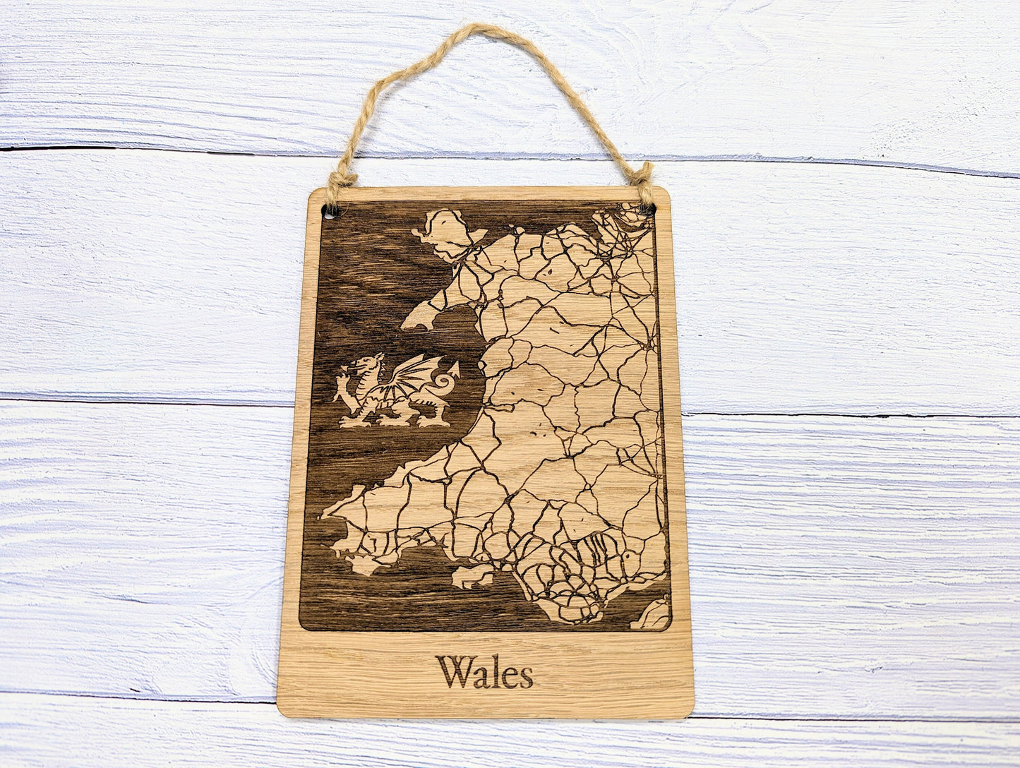 Wooden Map Wall Art of Wales with Engraved Welsh Dragon - Oak Finish - Customisable Home Decor