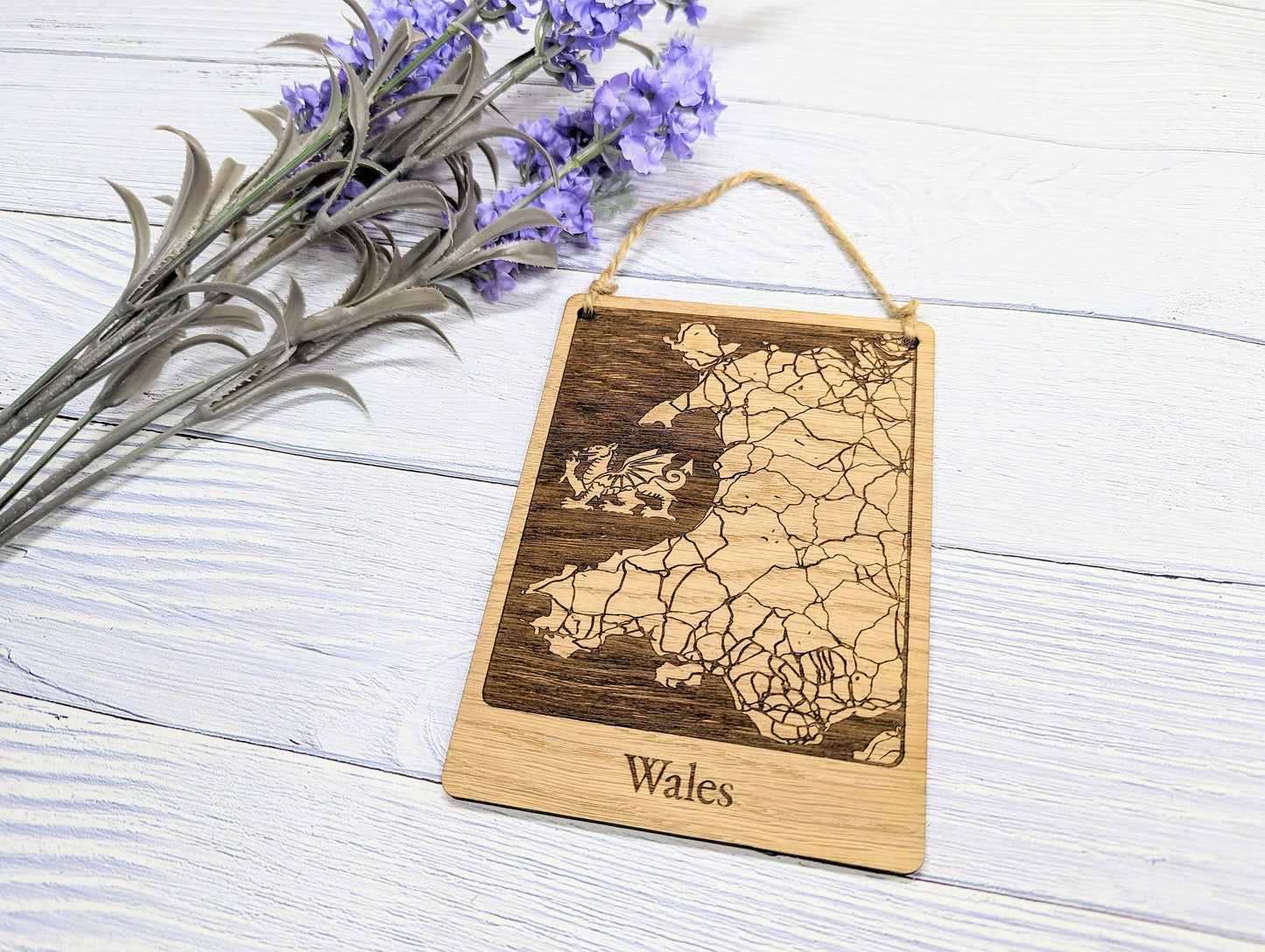 Wooden Map Wall Art of Wales with Engraved Welsh Dragon - Oak Finish - Customisable Home Decor