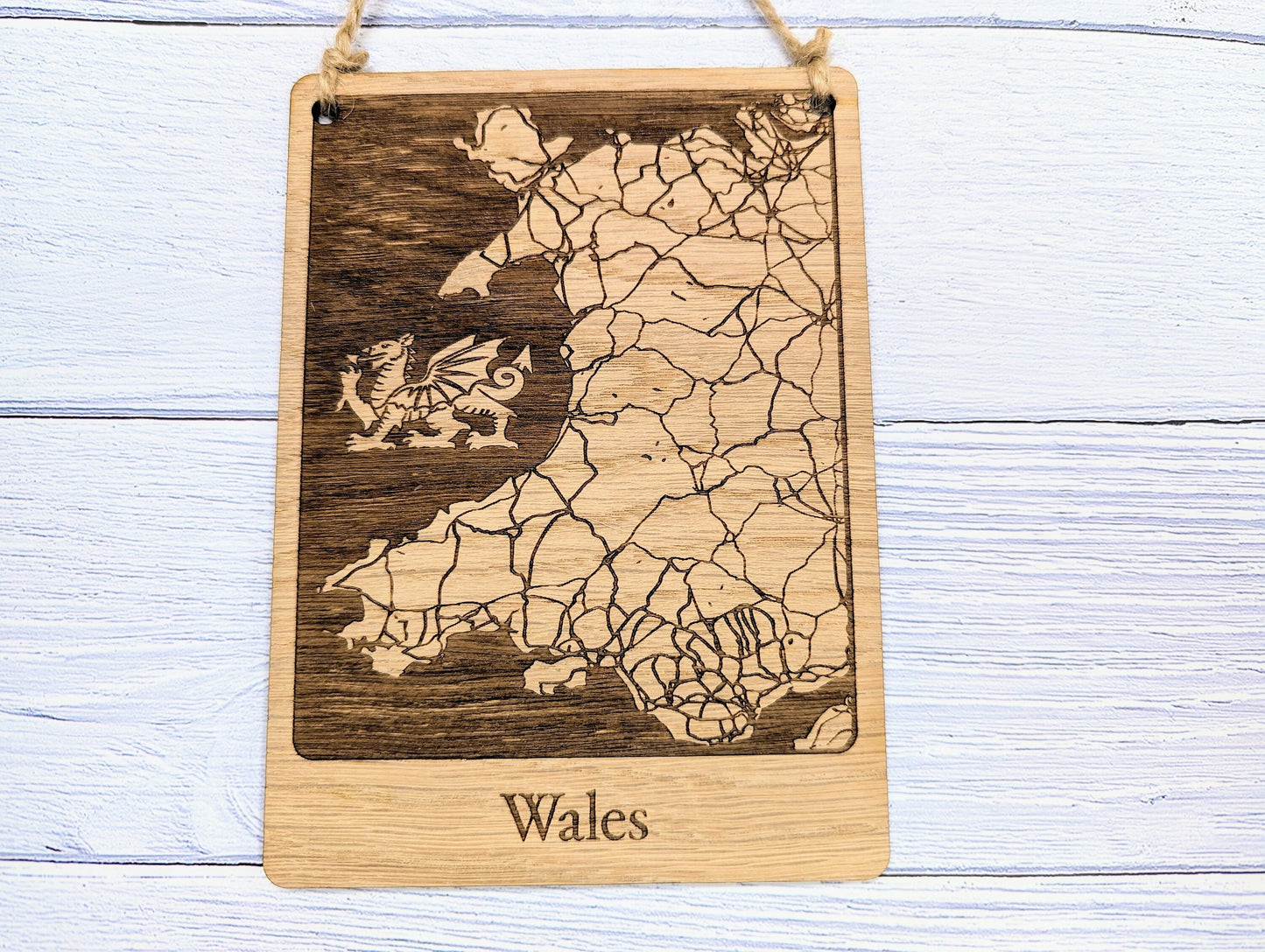 Wooden Map Wall Art of Wales with Engraved Welsh Dragon - Oak Finish - Customisable Home Decor