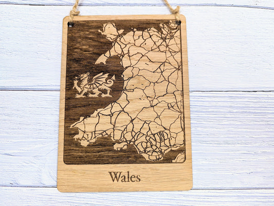 Wooden Map Wall Art of Wales with Engraved Welsh Dragon - Oak Finish - Customisable Home Decor