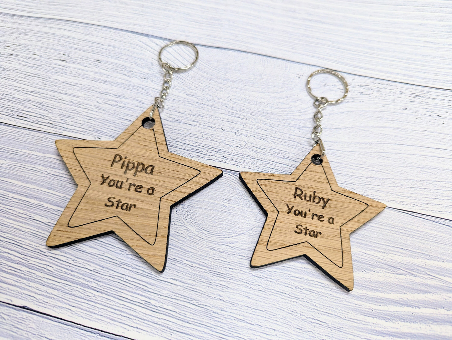 Personalised 'You're a Star' Wooden Keyring in Two Sizes - Oak Veneer - Custom Name Engraved - Ideal Gift for Students from Teachers