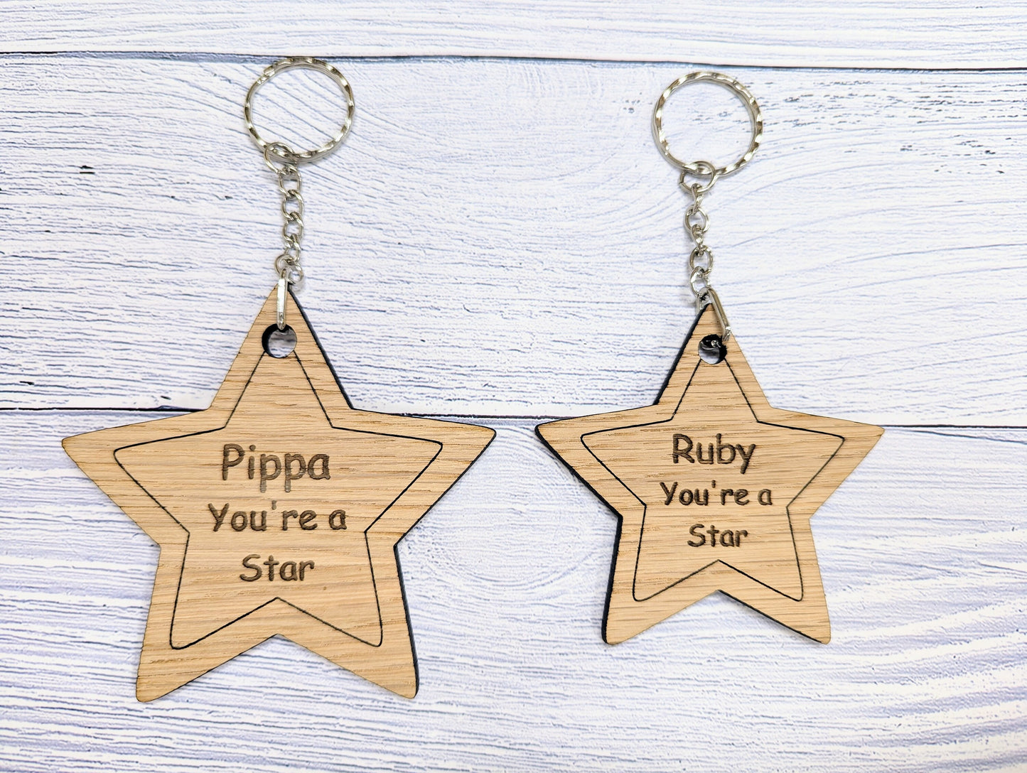 Personalised 'You're a Star' Wooden Keyring in Two Sizes - Oak Veneer - Custom Name Engraved - Ideal Gift for Students from Teachers