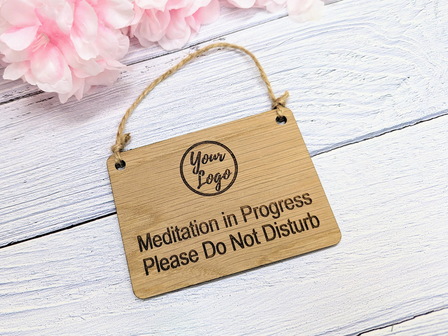 Custom "Meditation in Progress, Please Do Not Disturb" Door Sign for Businesses | Add Your Logo | Oak Veneer | Office Wellness