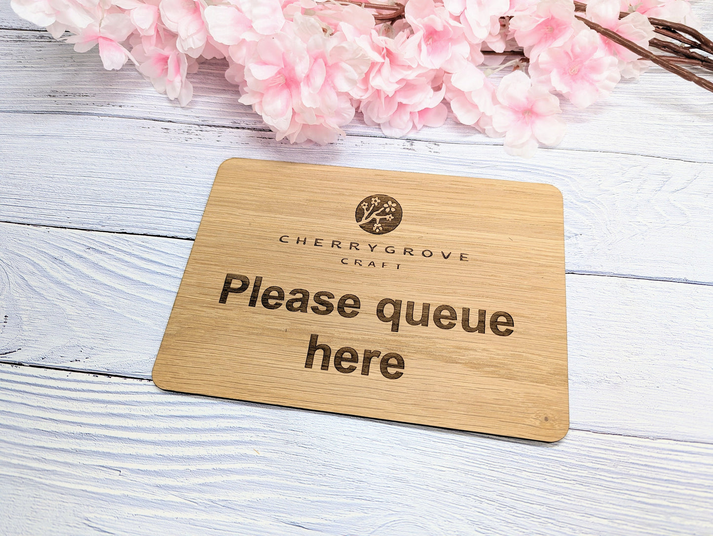 Standard or Custom "Please Queue Here" Wooden Sign | Add Your Logo | Optional Stand | Oak Veneer | Business Decor