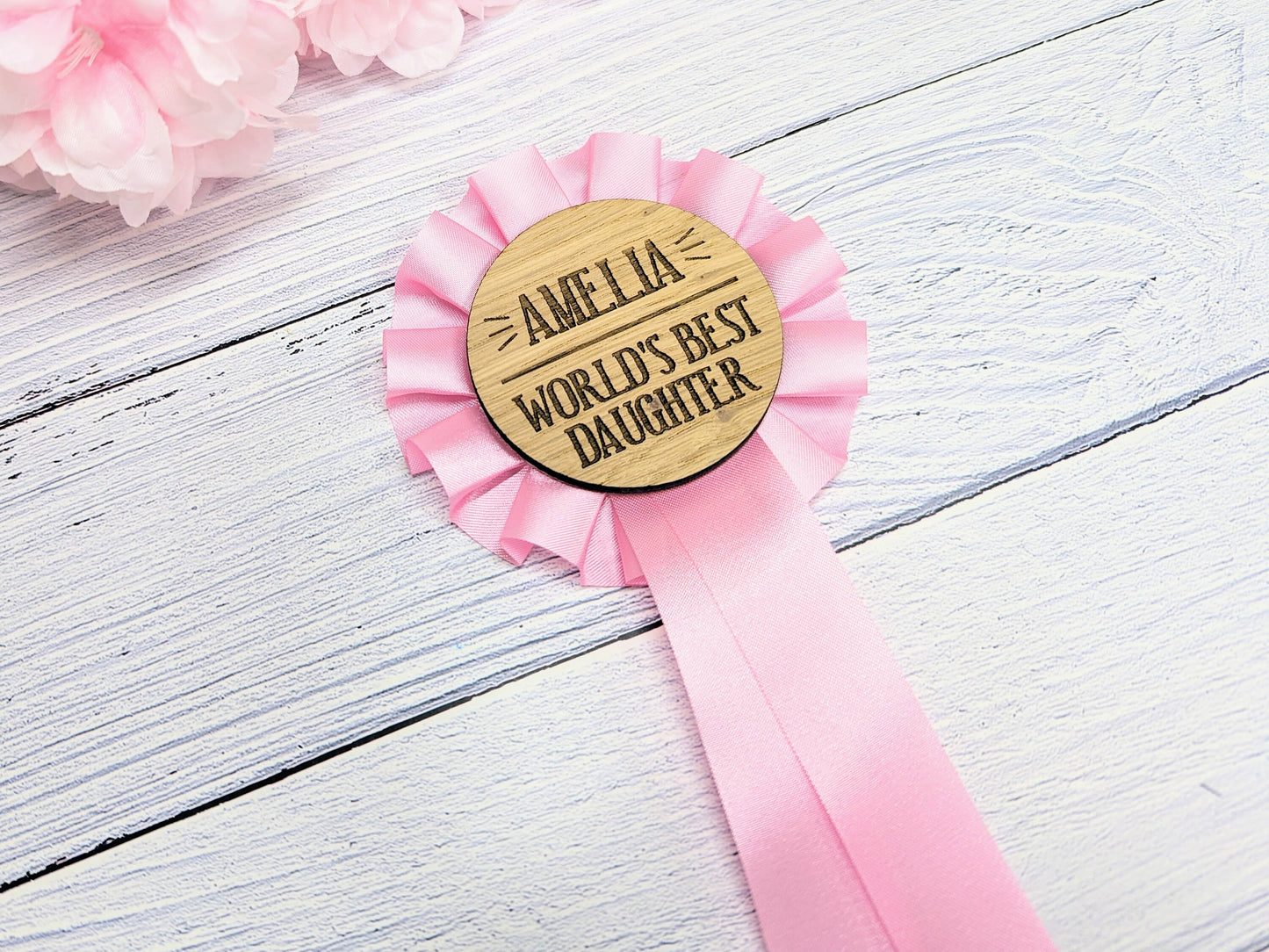 World's Best Daughter,  Personalised Wooden Rosette | Pink Award Ribbon | Birthday Gift | Custom Name | Oak Veneer | Handcrafted in the UK