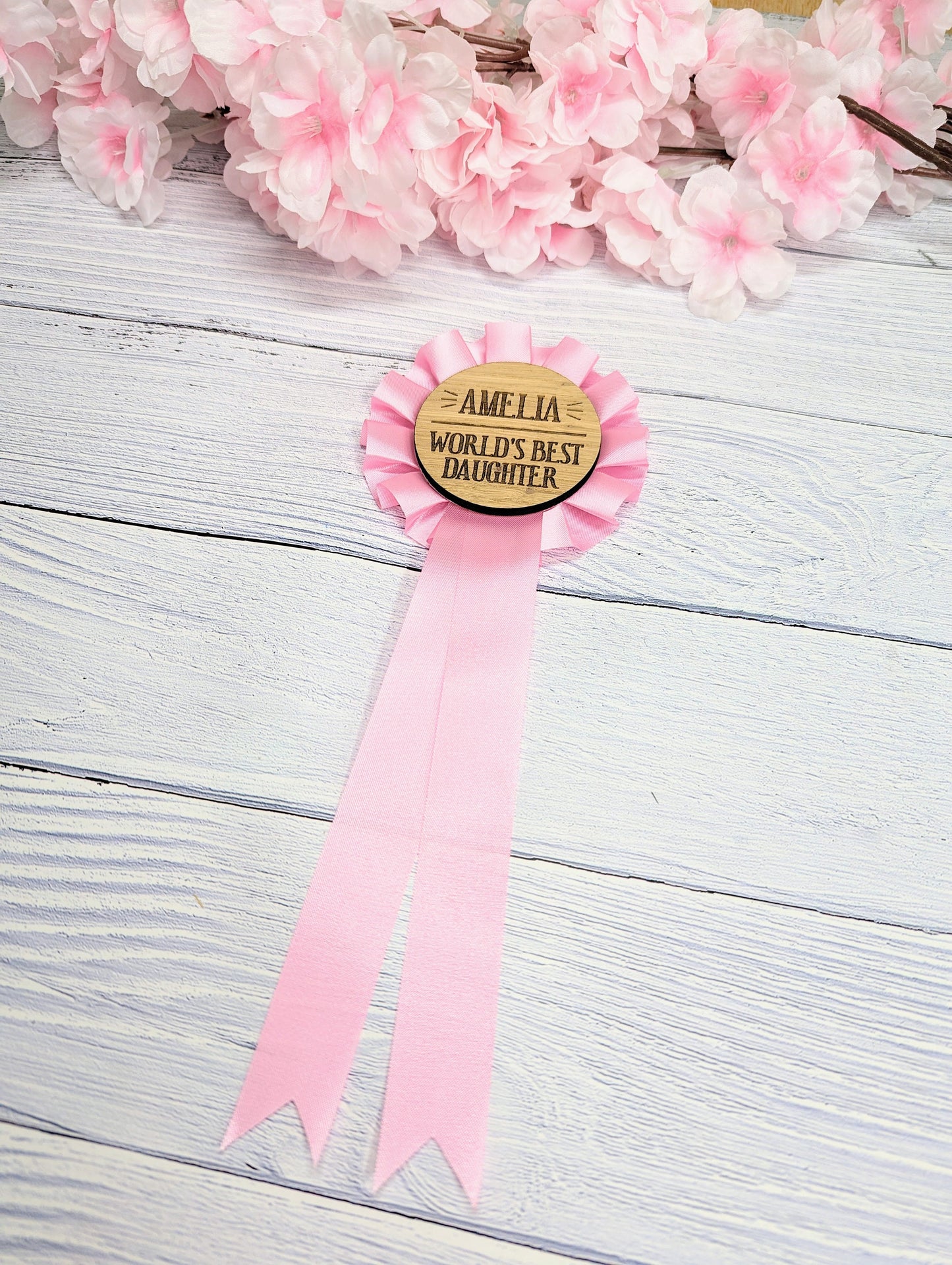 World's Best Daughter,  Personalised Wooden Rosette | Pink Award Ribbon | Birthday Gift | Custom Name | Oak Veneer | Handcrafted in the UK