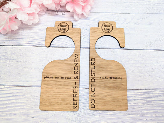 Hotel Door Hanger for Larger Handles | "Do Not Disturb" & "Please Clean My Room" | Oak Veneer | Double-Sided | Customisable Logo