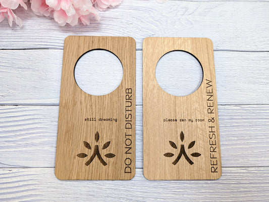 Wider Hotel Door Hangers | Free Design Service | Large Handle Hole | Oak Veneer