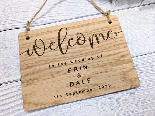 Personalised Wedding Welcome Sign - 6 Sizes- Custom Names and Date - Elegant Oak Veneer - Perfect for Wedding Venues and Ceremonies