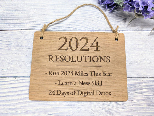 New Year's Resolution Sign - Personalised Goals for 2024 - Oak Veneer - Up to 6 Lines of Custom Resolutions - Start Your Year Right