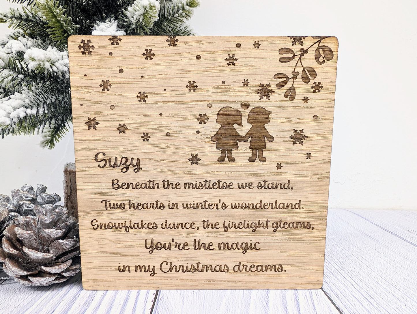 Personalised Wooden Christmas Card with Romantic Poem - Custom Name Engraved