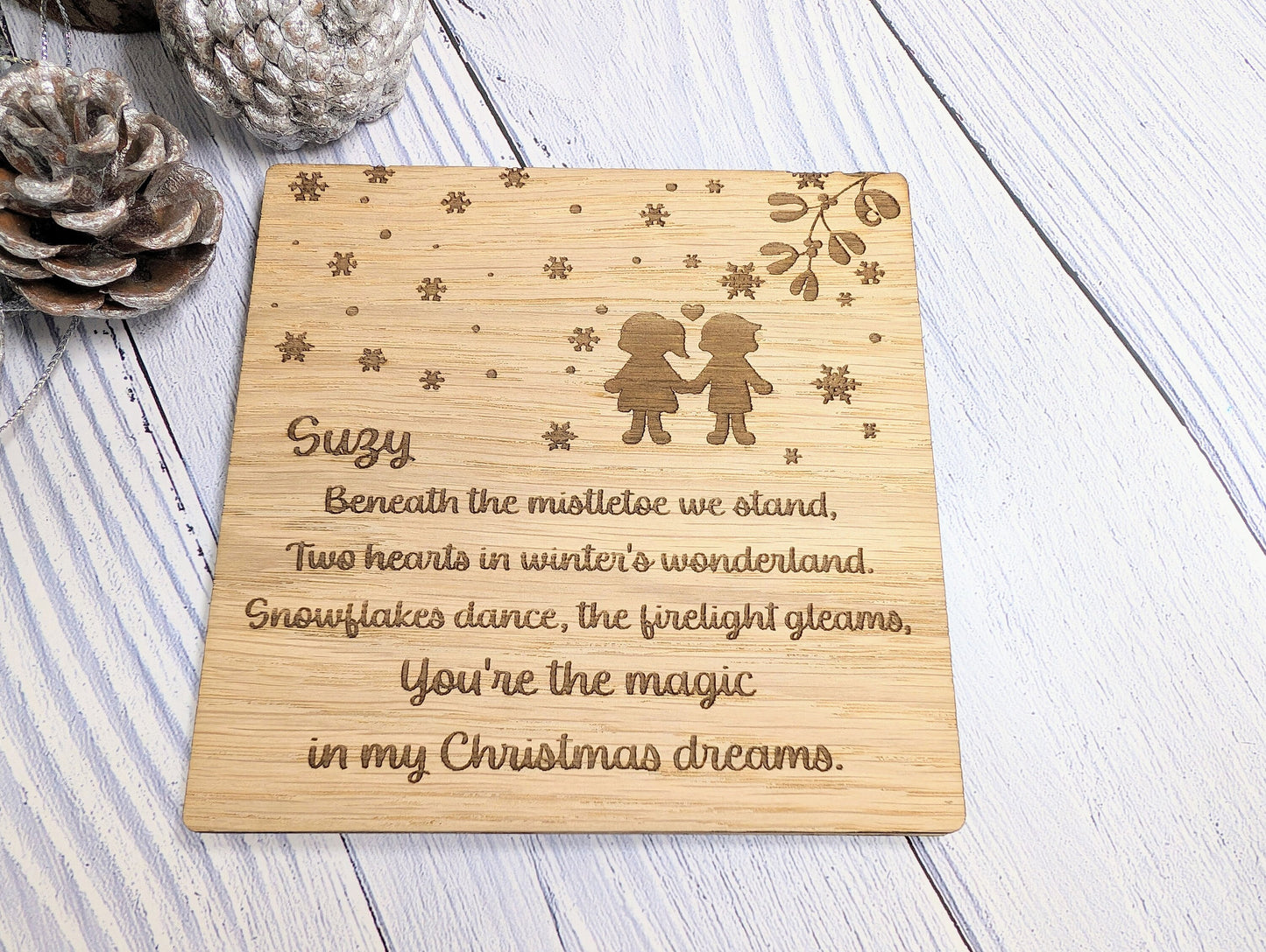 Personalised Wooden Christmas Card with Romantic Poem - Custom Name Engraved