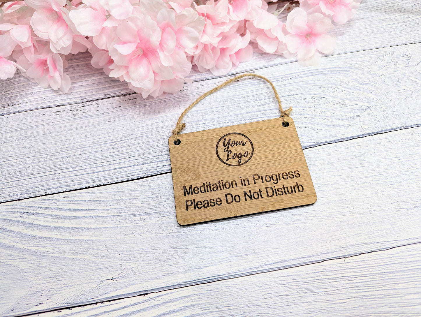 Custom "Meditation in Progress, Please Do Not Disturb" Door Sign for Businesses | Add Your Logo | Oak Veneer | Office Wellness