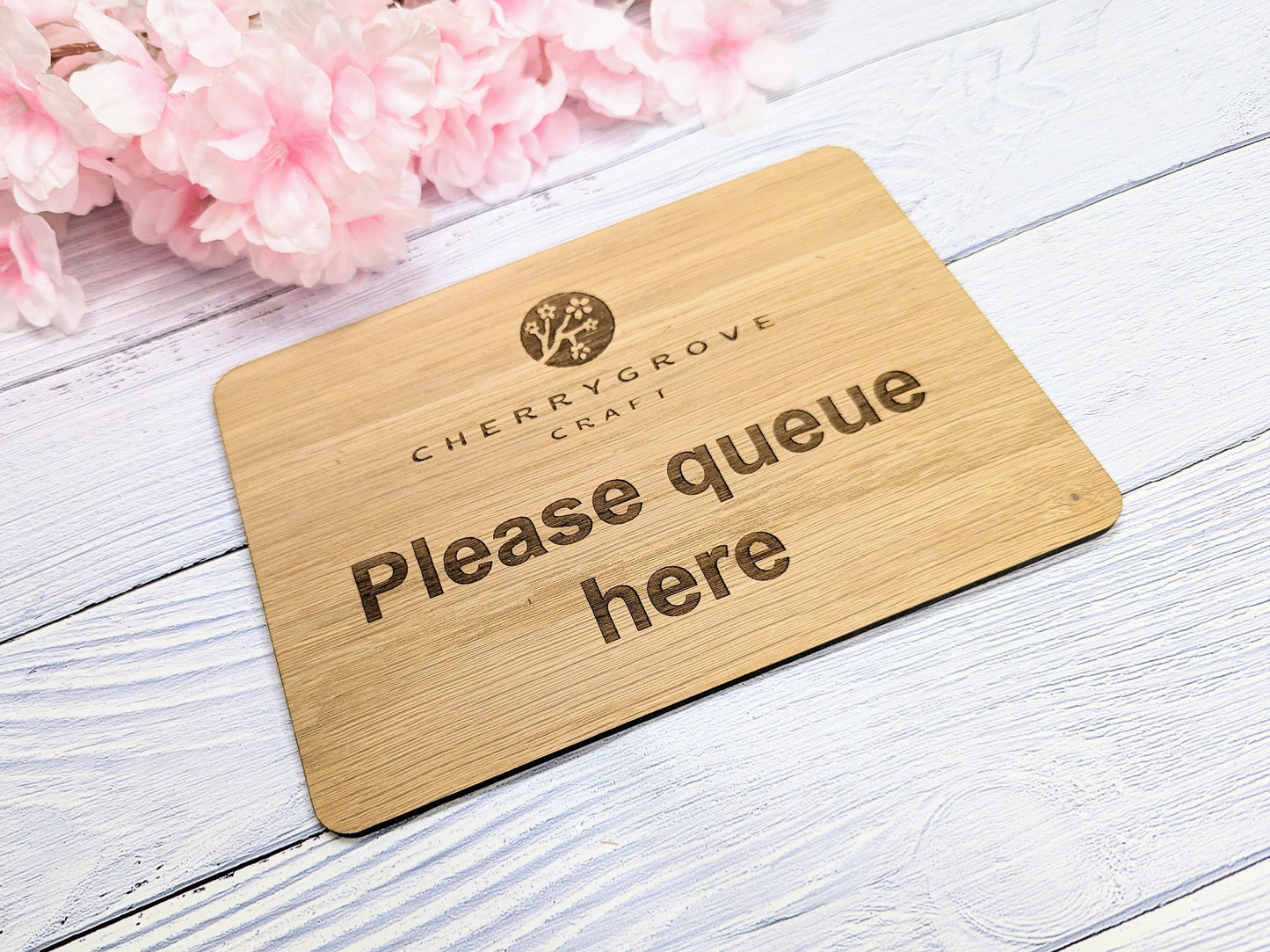 Standard or Custom "Please Queue Here" Wooden Sign | Add Your Logo | Optional Stand | Oak Veneer | Business Decor