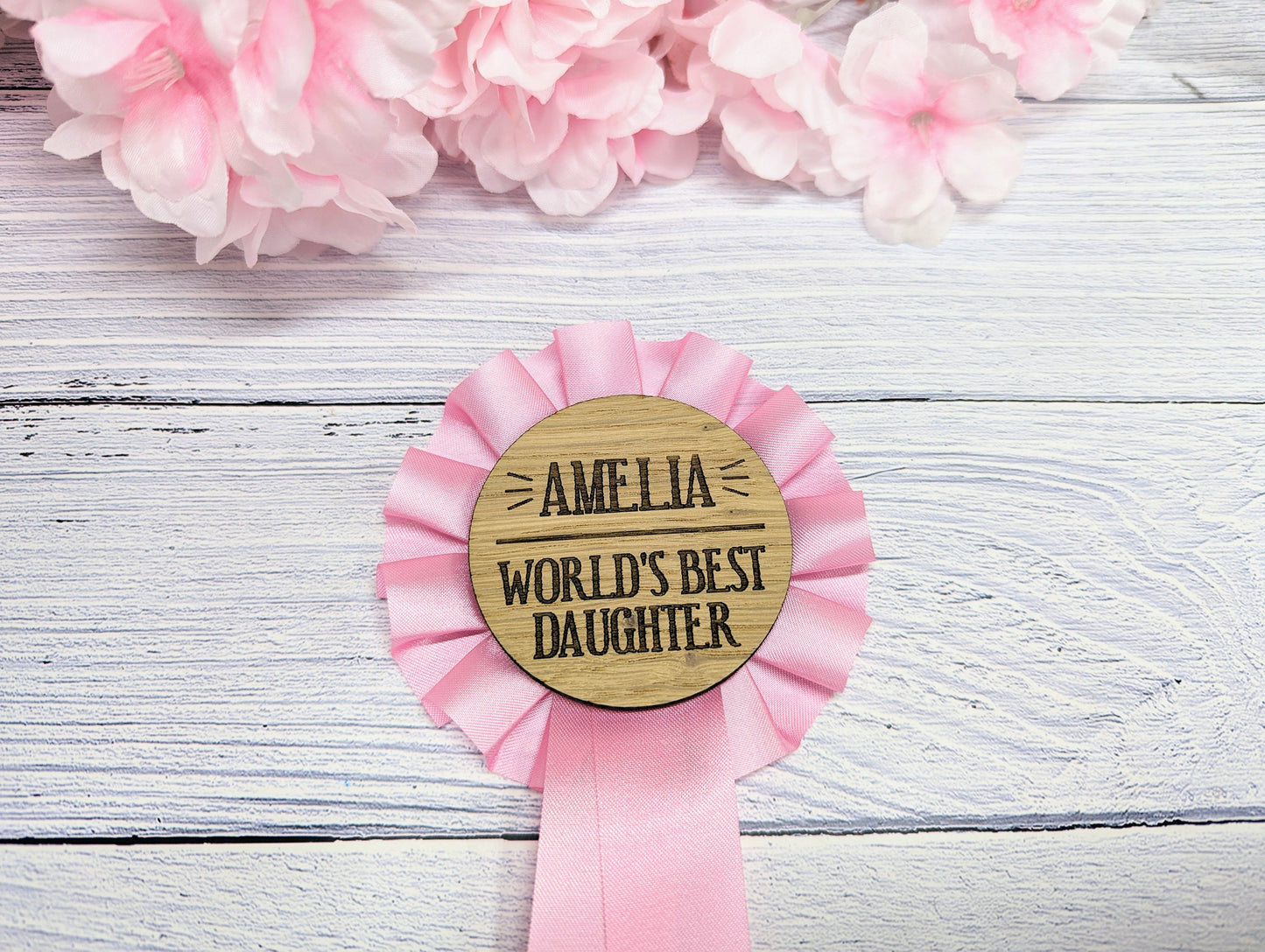 World's Best Daughter,  Personalised Wooden Rosette | Pink Award Ribbon | Birthday Gift | Custom Name | Oak Veneer | Handcrafted in the UK