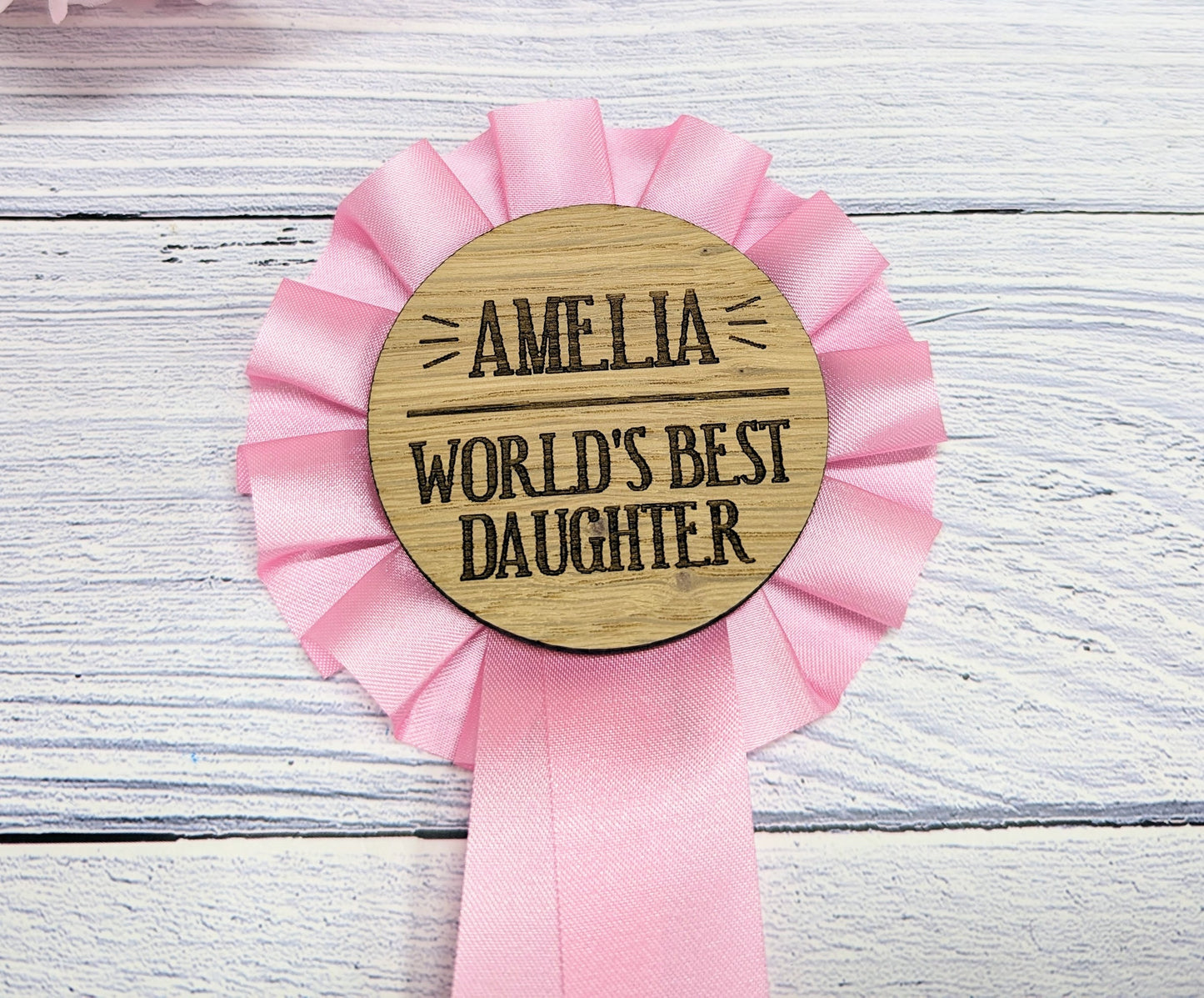 World's Best Daughter,  Personalised Wooden Rosette | Pink Award Ribbon | Birthday Gift | Custom Name | Oak Veneer | Handcrafted in the UK