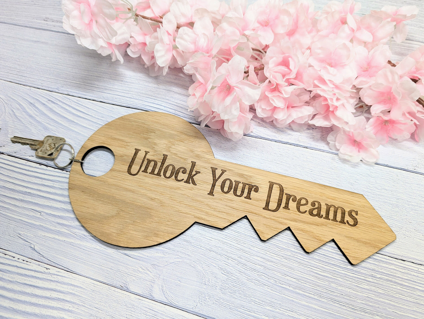 Unlock Your Dreams - Oversized Key-Shaped Wooden Keyring - Inspirational Accessory