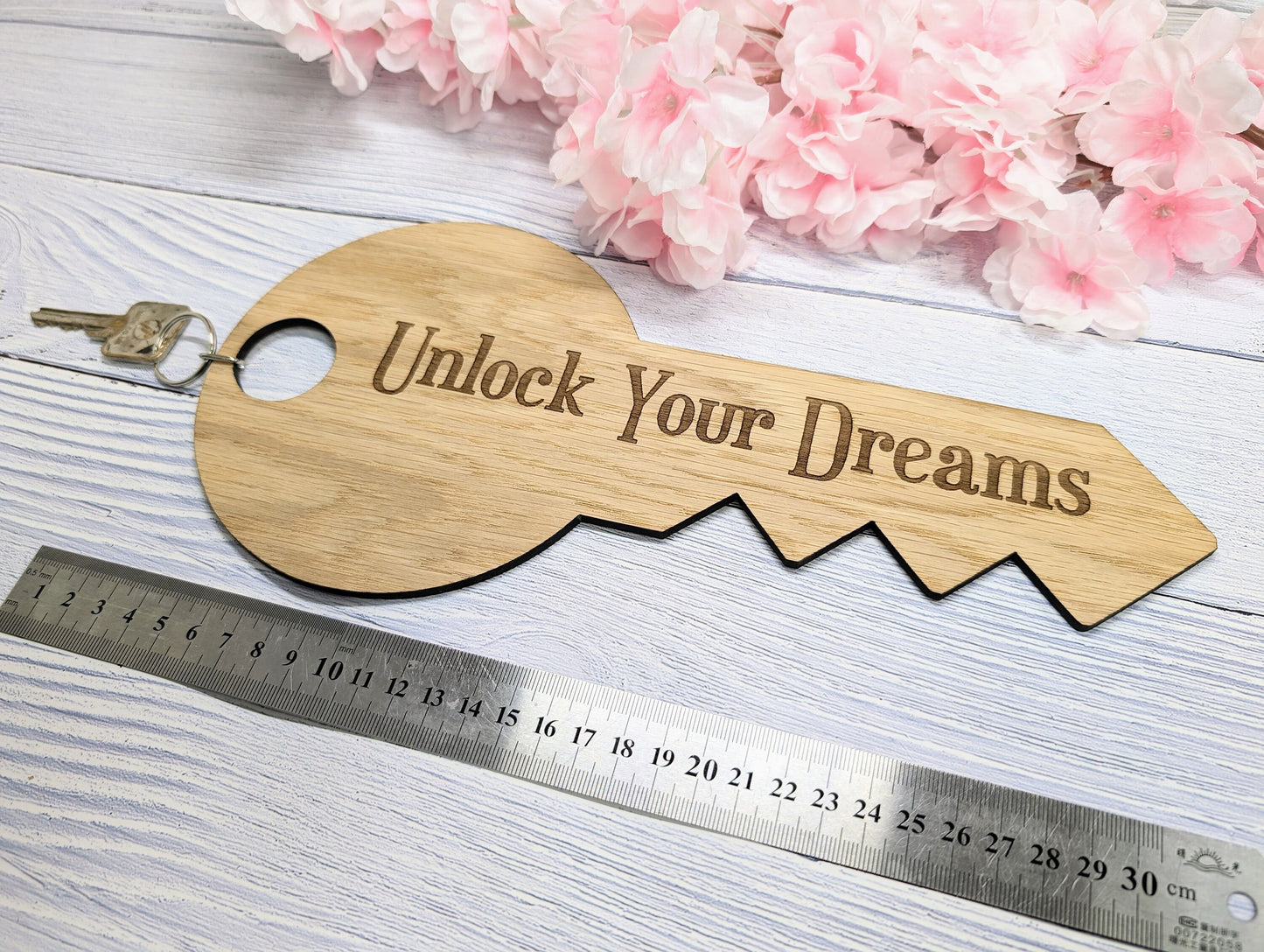 Unlock Your Dreams - Oversized Key-Shaped Wooden Keyring - Inspirational Accessory