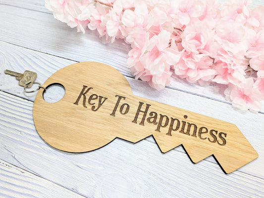 Key To Happiness - Oversized Key-Shaped Wooden Keyring - Unique Gift Idea - Inspirational Quote Keychain