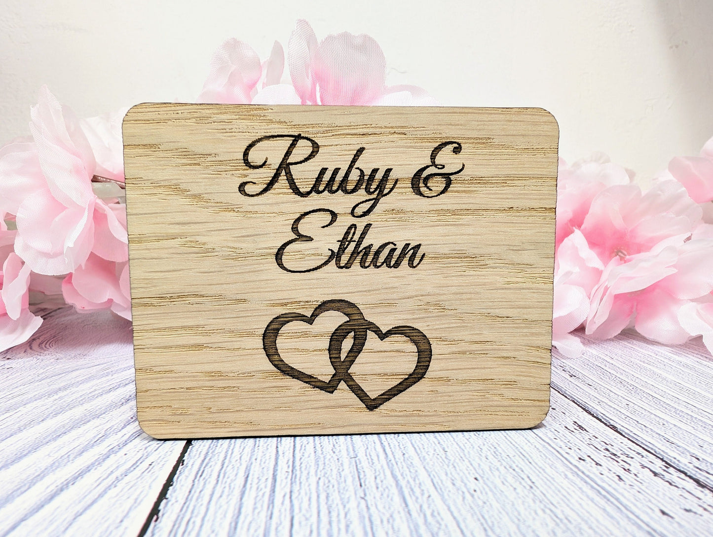 Personalised Romantic Wooden Fridge Magnet with Interlocking Hearts - Engraved Couple's Names