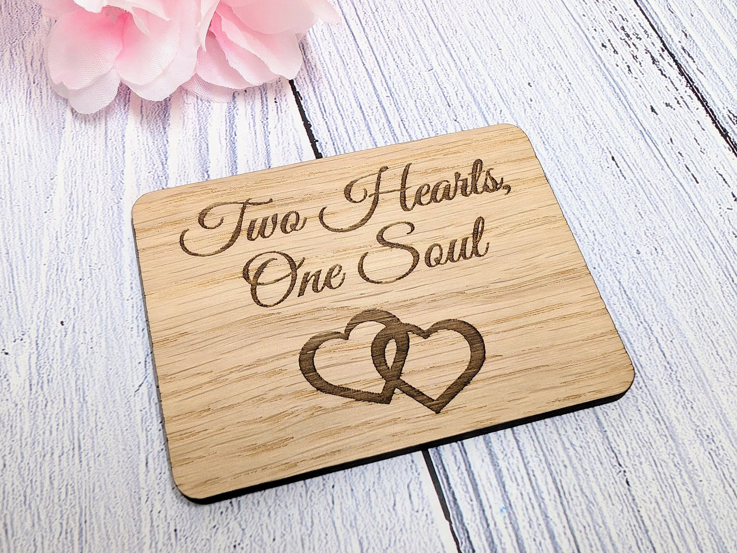 Two Hearts One Soul - Wooden Fridge Magnet with Interlocking Hearts - Romantic Gift