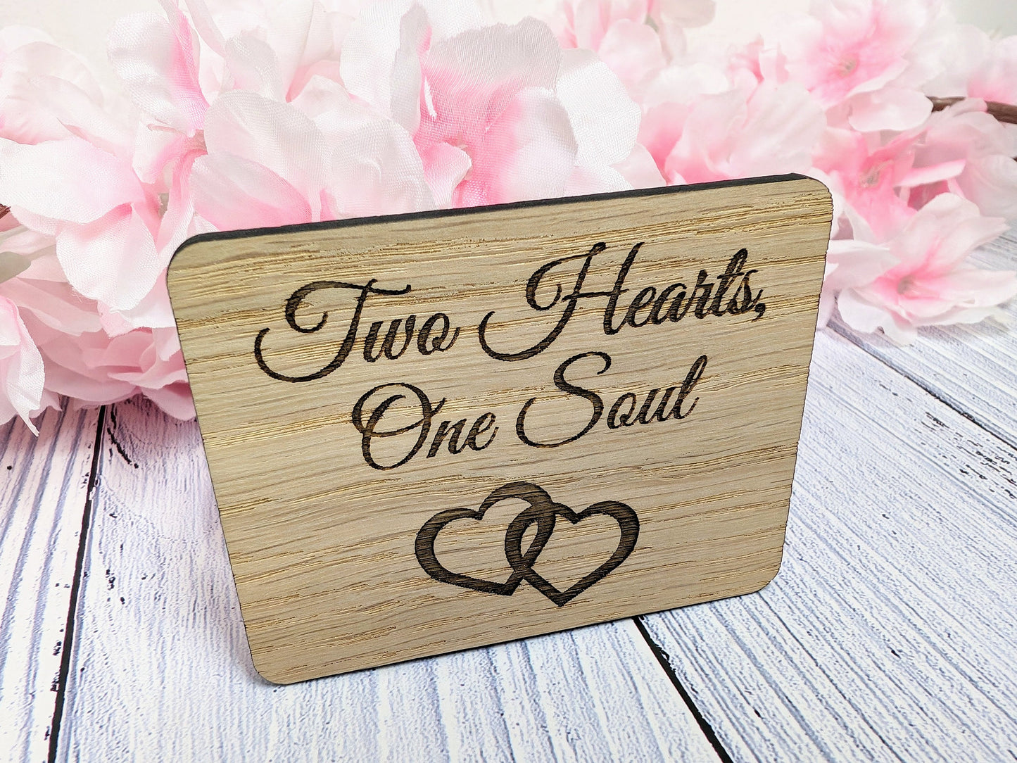 Two Hearts One Soul - Wooden Fridge Magnet with Interlocking Hearts - Romantic Gift